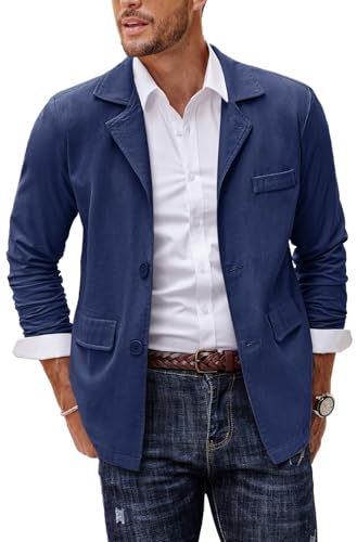 COOFANDY Herren Leinen Baumwolle Casual Anzüge Blazer Jacken Leichte Sportmäntel, Marineblau 2, L von COOFANDY