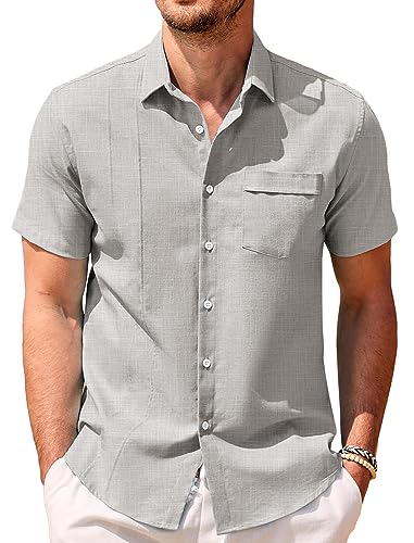 COOFANDY Herren Leinen Cuban Shirt Casual Guayabera Kurzarm Sommer Strand Shirts, Hellgrau, L von COOFANDY