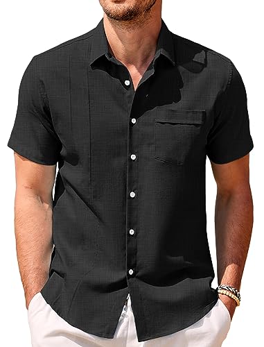 COOFANDY Herren Leinen Cuban Shirt Casual Guayabera Kurzarm Sommer Strand Shirts, Schwarz, XL von COOFANDY