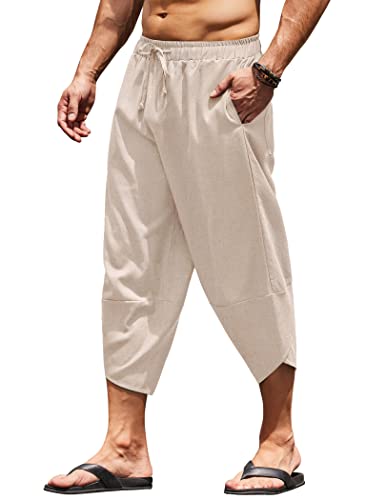 COOFANDY Herren Leinen Harem Caprihose Leicht Lose 3/4 Shorts Kordelzug Elastische Taille Casual Strand Yoga Hose, Beige, Mittel von COOFANDY