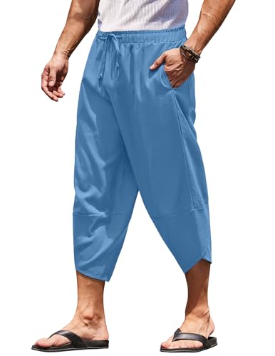 COOFANDY Herren Leinen Harem Caprihose Leichte Lose 3/4 Shorts Kordelzug Elastische Taille Casual Strand Yoga Hose - Blau - X-Groß von COOFANDY