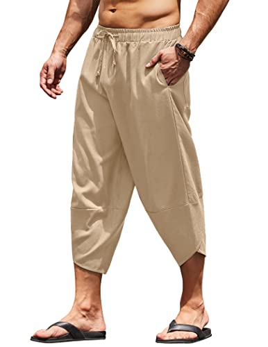 COOFANDY Herren-Caprihose aus Leinen, leicht, locker, 3/4-Shorts, Kordelzug, elastische Taille, lässig, Strand, Yogahose, Khaki, 3XL von COOFANDY