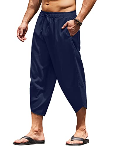 COOFANDY Herren Leinen Harem Caprihose Leichte Lose 3/4 Shorts Kordelzug Elastische Taille Casual Strand Yoga Hosen, Marineblau, Mittel von COOFANDY