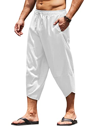 COOFANDY Herren Leinen Harem Caprihose Leichte Lose 3/4 Shorts Kordelzug Elastische Taille Casual Strand Yoga Hosen, Weiss/opulenter Garten, XXL von COOFANDY