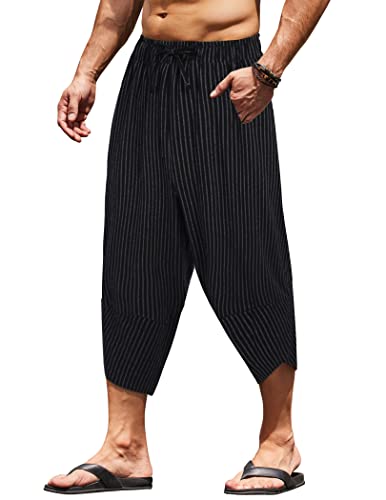 COOFANDY Herren Leinen Harem Caprihose Leichte Lose 3/4 Shorts Kordelzug Elastische Taille Casual Strand Yoga Hosen, Weiße Nadelstreifen, XXL von COOFANDY