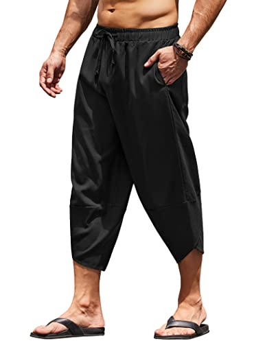 COOFANDY Herren Leinen Haremshose Leichte Lose Capri Shorts Kordelzug Elastische Taille Casual Hippie Strand Yoga Hose - Schwarz - Groß von COOFANDY