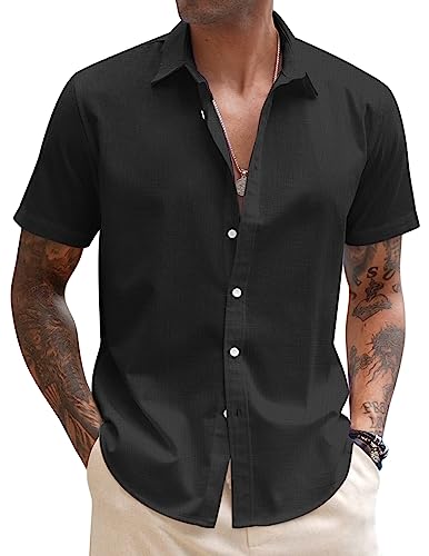 COOFANDY Herren Leinen Hemd Kurzarm Sommer Hemd Schwarz Kurzarmhemd Herrenhemden Kurzarm Buissness Hemden Regular Fit Schwarz M von COOFANDY