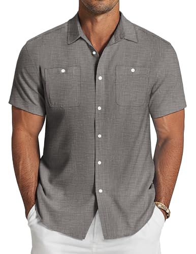 COOFANDY Herren Leinen Hemden Strand Casual Button Down Kurzarm Shirt Sommer, Strukturiertes Schwarz, L von COOFANDY