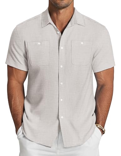 COOFANDY Herren Leinen Hemden Strand Casual Button Down Kurzarm Shirt Sommer, Weiss/opulenter Garten, L von COOFANDY