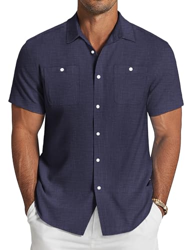 COOFANDY Herren Leinen Hemden Strand Casual Button Down Kurzarm Shirt Sommer, blau-violett, L von COOFANDY