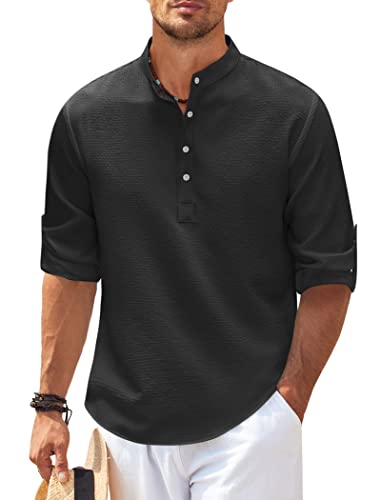 COOFANDY Herren Leinen Henley Shirt Langarm Casual Hippie Baumwolle Strand T-Shirts Vertikal Gestreifte Hawaii-Shirts, Pure Black, XL von COOFANDY