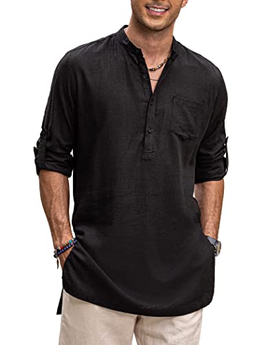 COOFANDY Herren Leinen Henley Shirts Langarm Kragenlos Longline Kurta Beach Shirts mit Tasche, Schwarz, XX-Large von COOFANDY