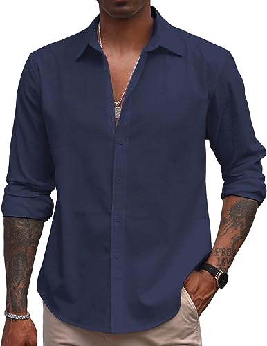 COOFANDY Herren Leinen Langarm Button Down Shirts Casual Business Kleid Hemd, Marineblau, XL von COOFANDY