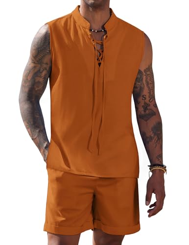 COOFANDY Herren-Leinen-Set, 2-teilig, Strand-Outfits, Schnürung, Hippie-Tank-Tops, Sommer, lässig, ärmellos, passende Shorts, Orange/Abendrot im Zickzackmuster (Sunset Chevron), X-Large von COOFANDY