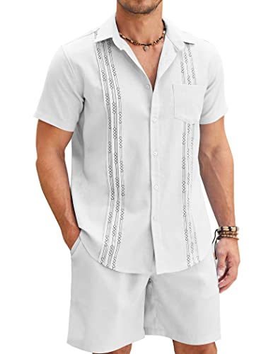 COOFANDY Herren Leinen Sets Outfits 2 Stück Kurzarm Kubanische Hemden Guayabera Leinen Anzug, Weiss/opulenter Garten, Medium von COOFANDY