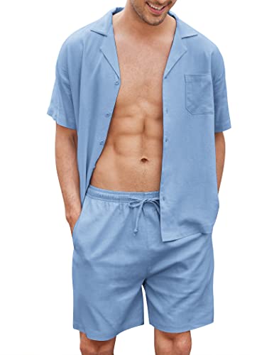 COOFANDY Herren Leinen Sets Outfits 2 Stück Kurzarm Shirt und Shorts Set Leinen Strand Outfits, Hell, blau, Medium von COOFANDY