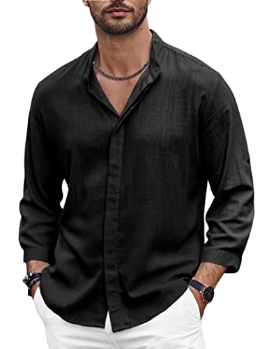 COOFANDY Herren Leinenhemd, lässig, Button-Down-Shirt, leicht, 3/4-Ärmel, Sommer, Strand, Schwarz, Klein von COOFANDY