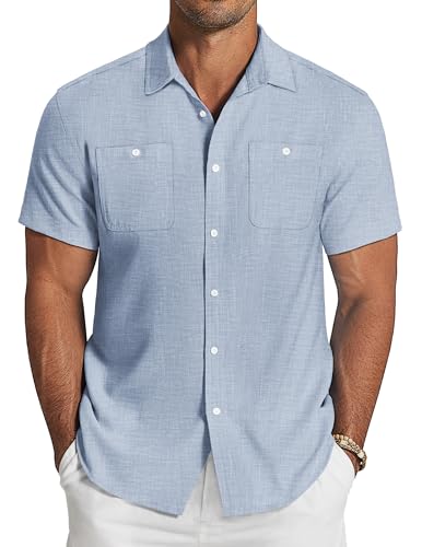 COOFANDY Herren Leinenhemd Hemd Kurzarm Sommerhemd Regular Fit Freizeit Hippie Strand Leinen Shirt Blau XXL von COOFANDY