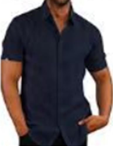 COOFANDY Herren Leinenhemd Hemd Leicht Sommerhemd Kurzarm Freizeithemd Kurzarmhemd mit Brusttasche Strand Hemd Casual Urlaub Dunkelblau L von COOFANDY