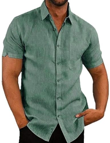 COOFANDY Herren Leinenhemd Hemd Leicht Sommerhemd Kurzarm Freizeithemd Kurzarmhemd mit Brusttasche Strand Hemd Casual Urlaub Grün L von COOFANDY