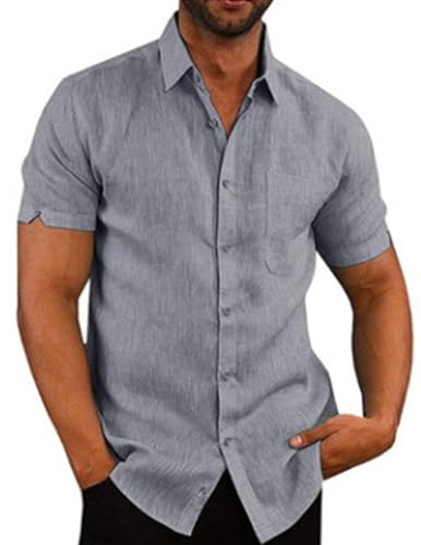 COOFANDY Herren Leinenhemd Hemd Leicht Sommerhemd Kurzarm Freizeithemd Kurzarmhemd mit Brusttasche Strand Hemd Casual Urlaub Hellgrau L von COOFANDY