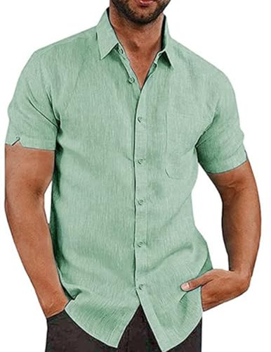 COOFANDY Herren Leinenhemd Hemd Leicht Sommerhemd Kurzarm Freizeithemd Kurzarmhemd mit Brusttasche Strand Hemd Casual Urlaub Hellgrün XS von COOFANDY