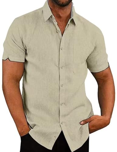 COOFANDY Herren Leinenhemd Hemd Leicht Sommerhemd Kurzarm Freizeithemd Kurzarmhemd mit Brusttasche Strand Hemd Casual Urlaub Hellkhaki L von COOFANDY