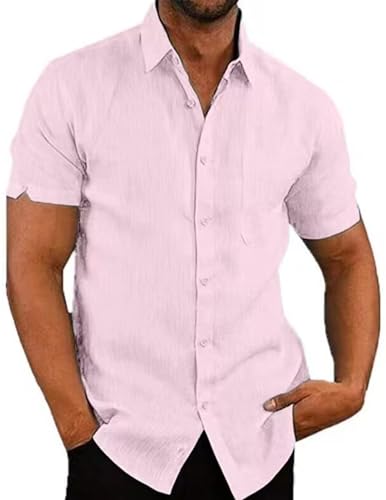 COOFANDY Herren Leinenhemd Hemd Leicht Sommerhemd Kurzarm Freizeithemd Kurzarmhemd mit Brusttasche Strand Hemd Casual Urlaub Rosa S von COOFANDY