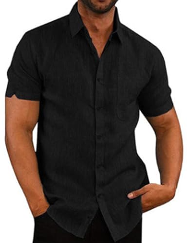 COOFANDY Herren Leinenhemd Hemd Leicht Sommerhemd Kurzarm Freizeithemd Kurzarmhemd mit Brusttasche Strand Hemd Casual Urlaub Schwarz XL von COOFANDY