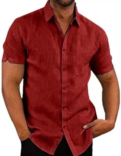 COOFANDY Herren Leinenhemd Hemd Leicht Sommerhemd Kurzarm Freizeithemd Kurzarmhemd mit Brusttasche Strand Hemd Casual Urlaub Weinrot M von COOFANDY