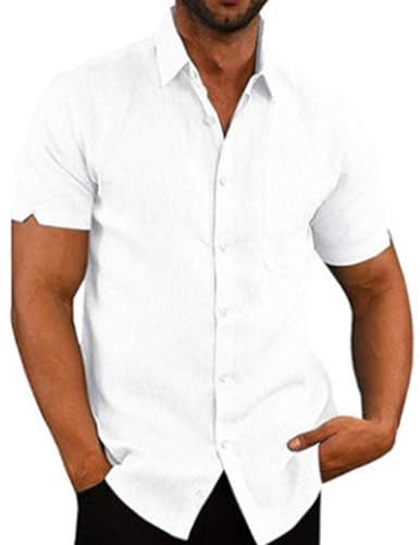 COOFANDY Herren Leinenhemd Hemd Leicht Sommerhemd Kurzarm Freizeithemd Kurzarmhemd mit Brusttasche Strand Hemd Casual Urlaub Weiß XL von COOFANDY