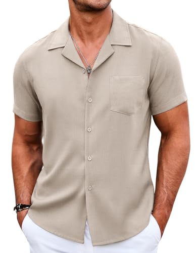 COOFANDY Herren Leinenhemd Kurzarm Camp-Kragen Hemden Strand Button Down Shirts Sommer Urlaub, Khaki, XL von COOFANDY