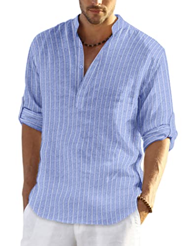 COOFANDY Herren Leinenhemd Kurzarm Gestreift Henley Baumwolle Sommer Freizeithemd Regular Fit Blaue Streifen XXL von COOFANDY