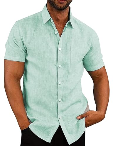 COOFANDY Herren Leinenhemd Kurzarm Hemden Männer Sommerhemd Kurzarmhemd Strandhemd Sommer Freizeithemd Hemd Männer Einfarbig Basic Shirt Hellgrün L von COOFANDY