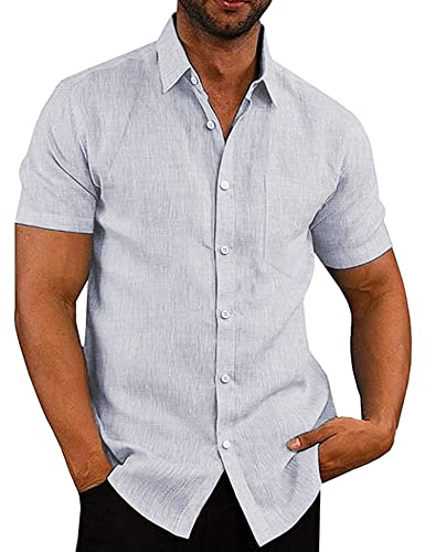 COOFANDY Herren Leinenhemd Hemd Herren Kurzarm Sommerhemd Regular Fit Freizeithemden Einfarbig Button Down Shirt Business Casual Klares Blau 2XL von COOFANDY