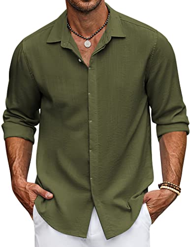 COOFANDY Herren Leinenhemd Langarm Strand Button Up Hemd Freizeithemd für Männer Sommer Hochzeit Hemd, Grün (Army Green), L von COOFANDY