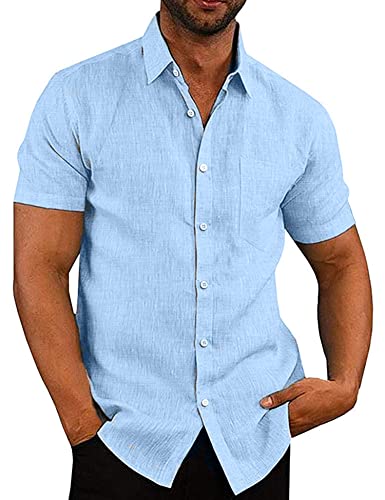 COOFANDY Hemd Herren Kurzarmm Leinenhemd Leichte Sommerhemd Freizeithemd Strandhemd Kurzarmhemd Hemd Männer mit Brusttasche Button Down Leinenshirt Himmelblau XL von COOFANDY