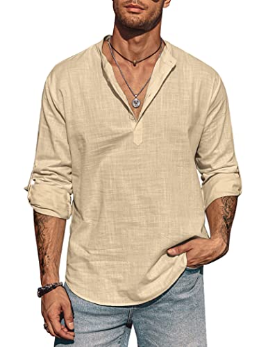 COOFANDY Herren Leinenhemd Stehkragen Sommerhemd Freizeit Regular Fit Langarm Henley Shirt Khaki XL von COOFANDY