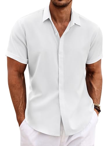 COOFANDY Herren-Leinenhemden, kurzärmelig, Freizeithemden, Button-Down-Hemd für Herren, Strand, Sommer, Hochzeitshemd, Weiß - ganz weiß, 3X-Groß von COOFANDY