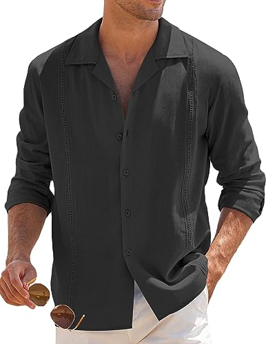 COOFANDY Herren Leinenhemden Casual Cuban Guayabera Shirt Kurzarm Beach Shirts, B - Schwarz, XL von COOFANDY