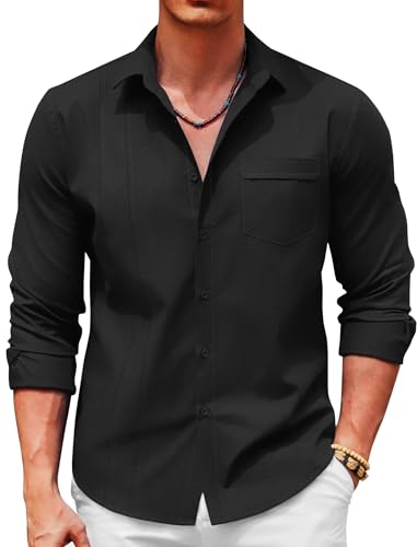 COOFANDY Herren Leinenhemden Guayabera Kubanische Hemden Langarm Kleid Hemden Strand Hochzeit Hemden, Schwarz, XL von COOFANDY