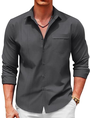 COOFANDY Herren Leinenhemden Guayabera Kubanische Hemden Langarm Kleid Hemden Strand Hochzeit Hemden, grau dunkel, XL von COOFANDY