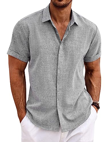 COOFANDY Herren Leinenhemden Kurzarm Freizeithemden Button Down Hemd für Männer Strand Sommer Hochzeit Hemd, GRAU, Mittel von COOFANDY