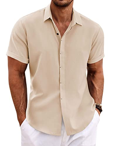 COOFANDY Herren Leinenhemden Kurzarm Freizeithemden Button Down Hemd für Männer Strand Sommer Hochzeit Hemd, Hellkhaki, Mittel von COOFANDY