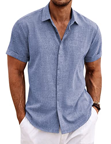 COOFANDY Herren-Leinenhemden, kurzärmelig, Freizeithemden, Button-Down-Hemd für Herren, Strand, Sommer, Hochzeitshemd, Denim Blau, XL von COOFANDY