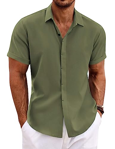 COOFANDY Herren Leinenhemden Kurzarm Freizeithemden Button Down Hemd für Männer Strand Sommer Hochzeit Hemd, Olivgrün, Mittel von COOFANDY