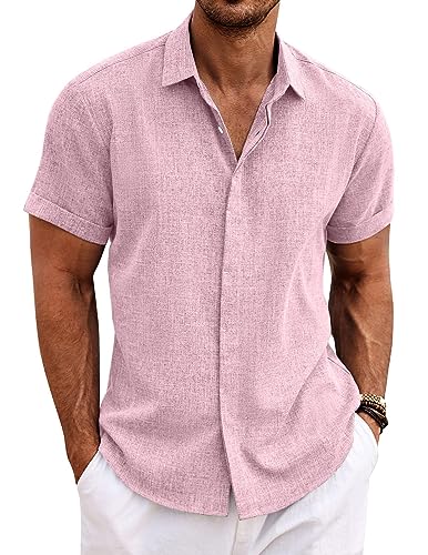 COOFANDY Herren Leinenhemden Kurzarm Freizeithemden Button Down Hemd für Männer Strand Sommer Hochzeit Hemd, Pink, Mittel von COOFANDY