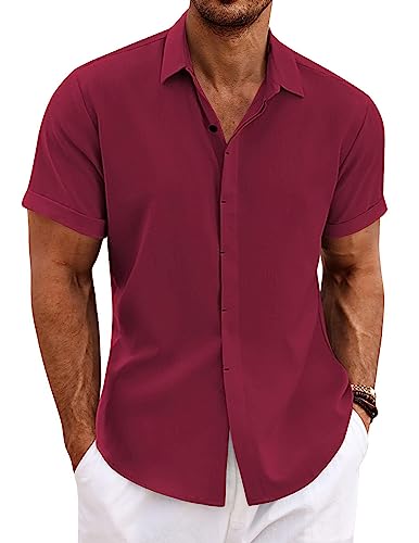 COOFANDY Herren Leinenhemden Kurzarm Freizeithemden Button Down Hemd für Männer Strand Sommer Hochzeit Hemd, Weinrot, L von COOFANDY