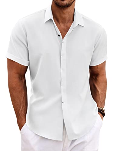 COOFANDY Herren Leinenhemden Kurzarm Freizeithemden Button Down Hemd für Männer Strand Sommer Hochzeit Hemd, Weiss/opulenter Garten, XL von COOFANDY