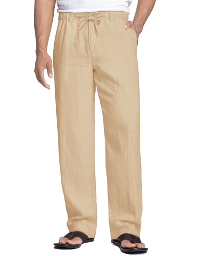 COOFANDY Herren-Leinenhose, Sommerhose, lässig, elastisch, Strand, Sommerhose, Taille, Kordelzug, Baumwollhose, bequem, Basic, Helles Kaffee, 56 von COOFANDY